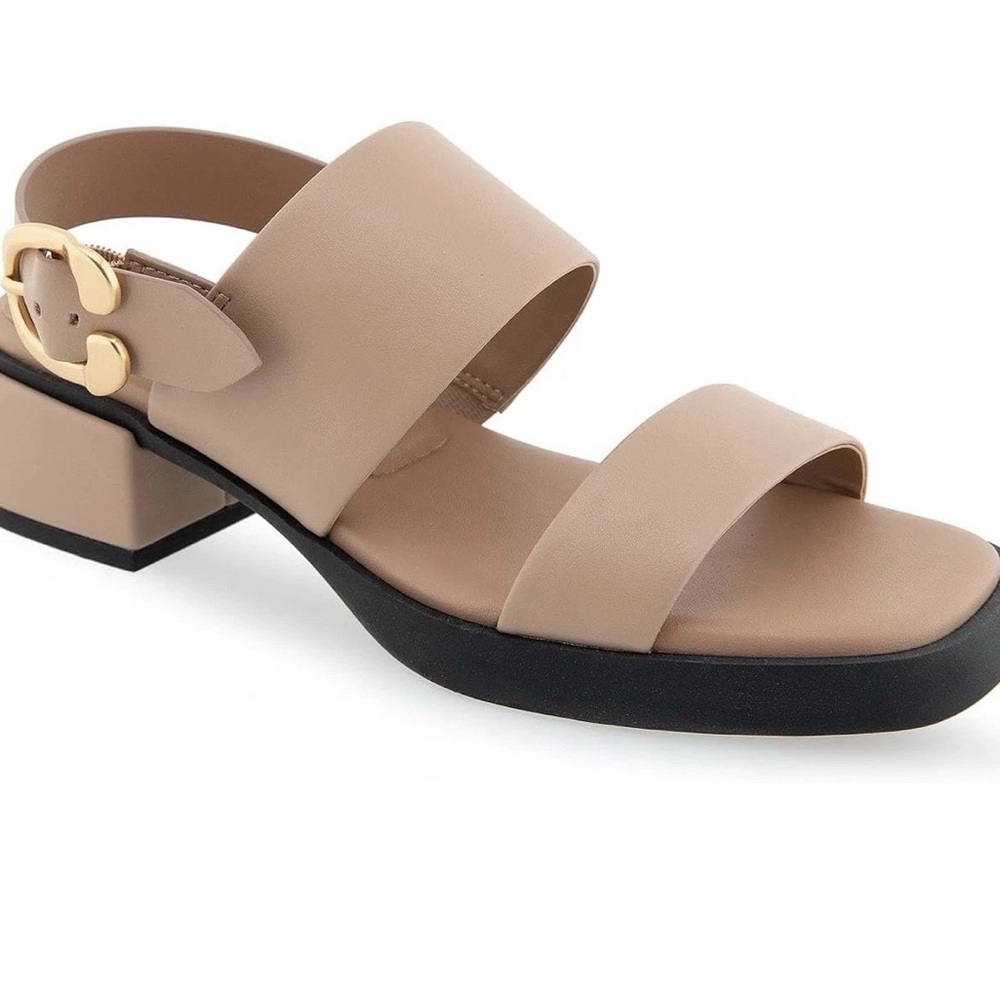 Aerosoles Dove Block Heel Sandal Sz 9 Neutral  Tan Double Strap Comfort Summer